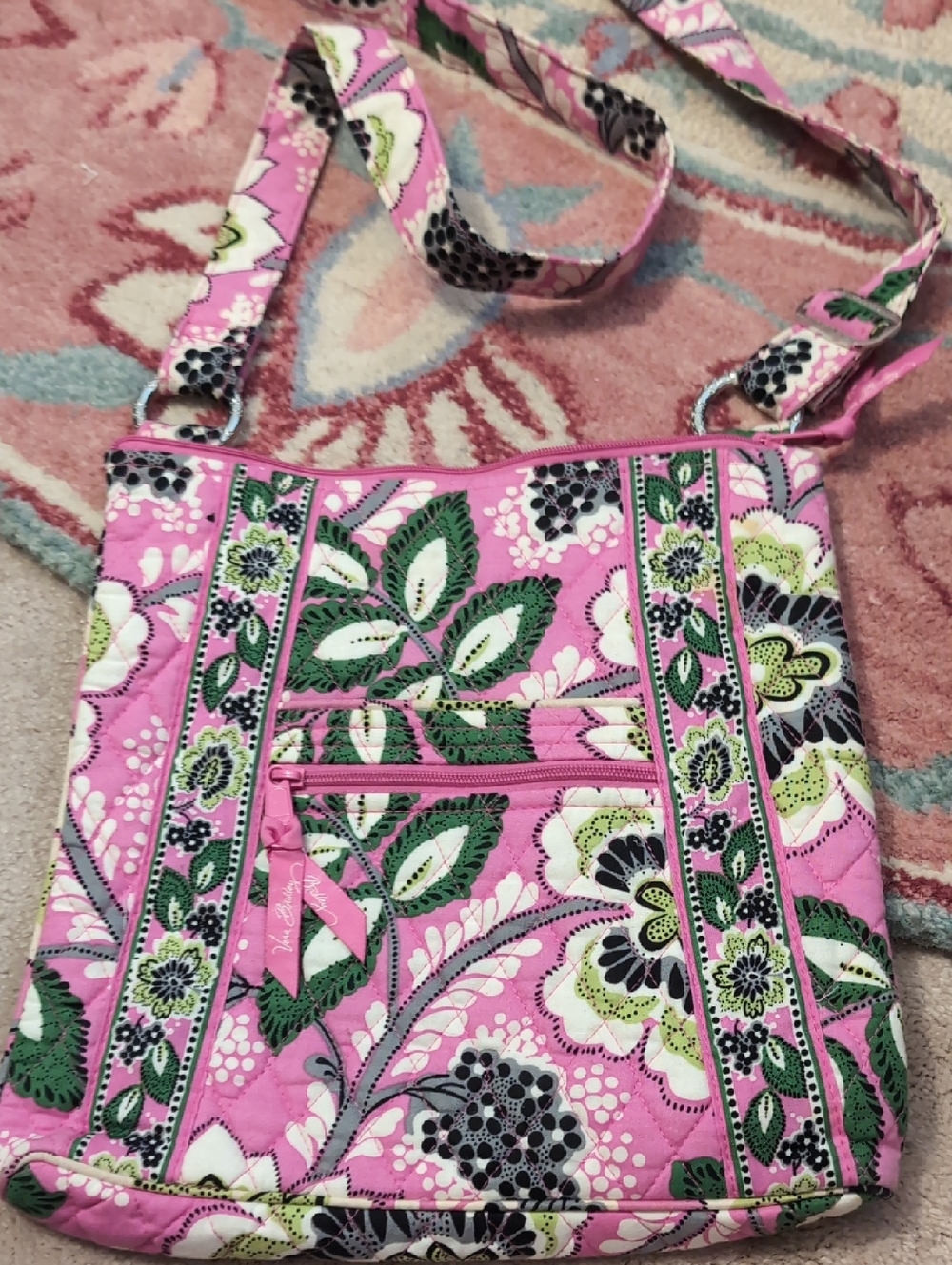Vera Bradley Pink Floral Quilted Crossbody with Green and Dark Green Accents